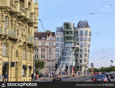 PRAGUE, CZECH REPUBLIC - DECEMBER 18, 2014: Dancing House also called Fred and Ginger was designed 1992 by Vlado Milunic and Frank Gehry and completed 1996