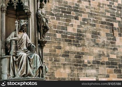 Prague, Czech Republic. Detail Of Statue Of Czech King Charles IV In Prague, Czech Republic. Close up of statue Of Czech King Charles Iv In Prague, Czech Republic