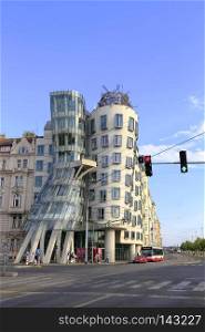 PRAGUE / CZECH REPUBLIC - JULY 13, 2018: View on the Dancing House (Ginger and Fred). Modern Architecture.