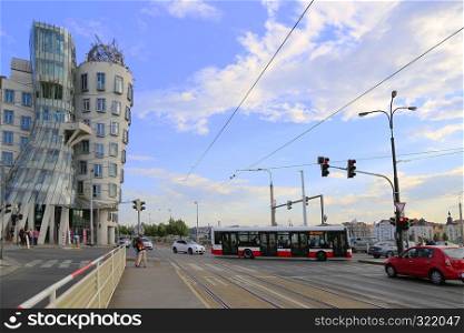 PRAGUE / CZECH REPUBLIC - JULY 13, 2018: View on the Dancing House (Ginger and Fred). Modern Architecture in Prague, Czech Republic.