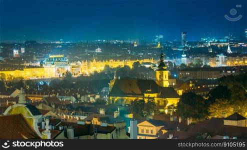 Prague, Czech Republic. Night Aerial View Of Cityscape Of Old Part Of Capital. Traditional Architecture. Prague, Czech Republic. Night Aerial View Of Cityscape Of Old Part Of Capital