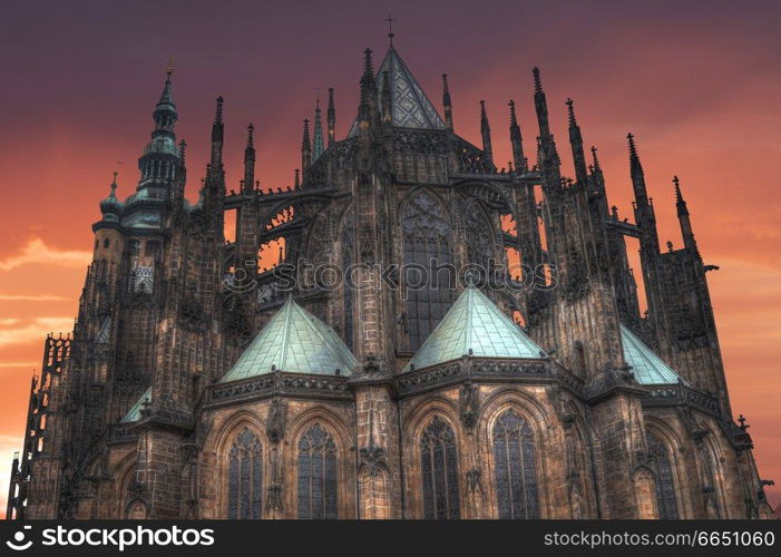 Prague Old town square, Tyn Cathedral. under sunlight.