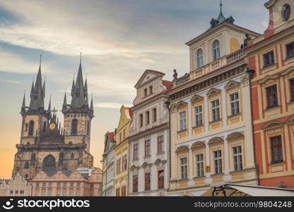 Prague Old town square, Tyn Cathedral. under sunlight.