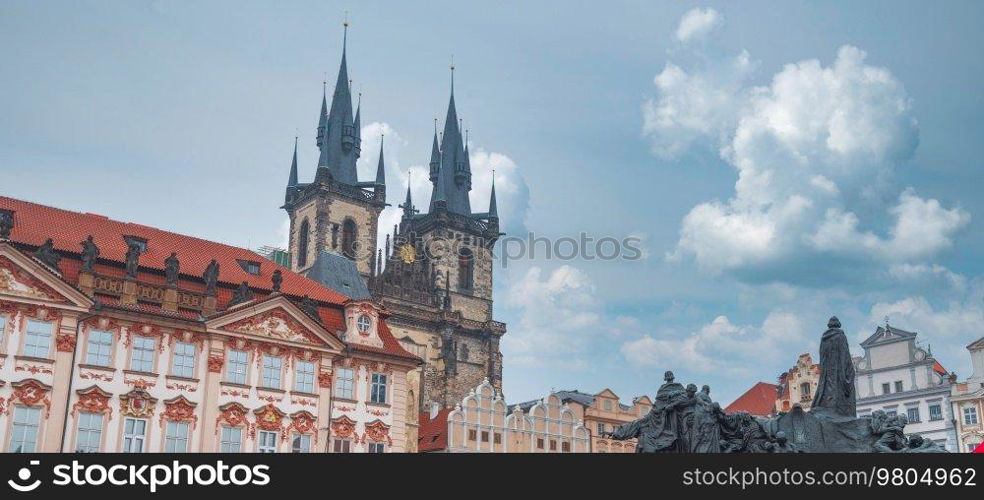 Prague Old town square, Tyn Cathedral. under sunlight.