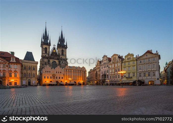 Prague old town square with view of Tyn Church in Czech Republic.