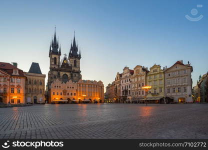 Prague old town square with view of Tyn Church in Czech Republic.
