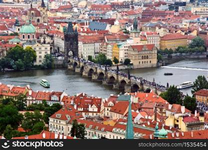 Prague panorama with Charles Bridge and Vltava river.