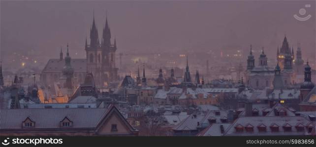Prague towers after sunset in winter, Czech Republic