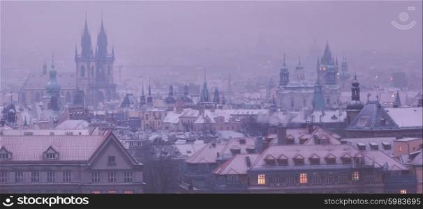 Prague towers before dawn in winter, Czech Republic