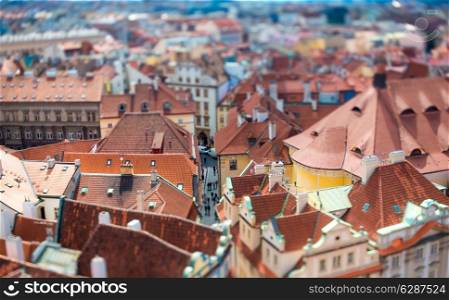 Prague view of the city from above. Tilt shift lens.