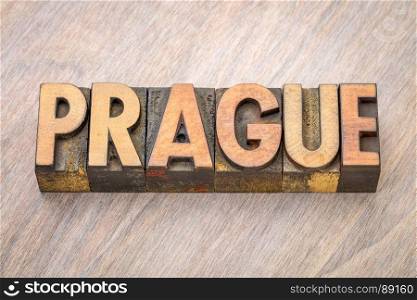 Prague word abstract in vintage letterpress wood type printing blocks