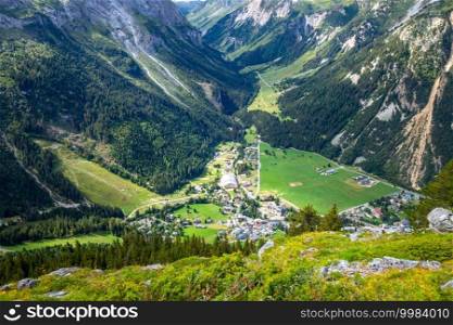 Pralognan la Vanoise town and mountains landscape. French alps. Pralognan la Vanoise town and mountains landscape in French alps