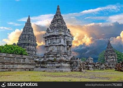 Prambanan or Candi Rara Jonggrang is a Hindu temple compound in Java, Indonesia, dedicated to the Trimurti: the Creator (Brahma), the Preserver (Vishnu) and the Destroyer (Shiva) at sunset
