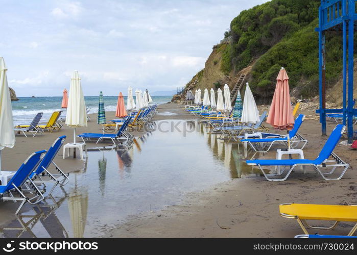 Prasoudi beach at Corfu island, Greece at morning.. Prasoudi beach, Corfu island, Greece at morning