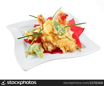 Prawns with vegetables in batter a white background