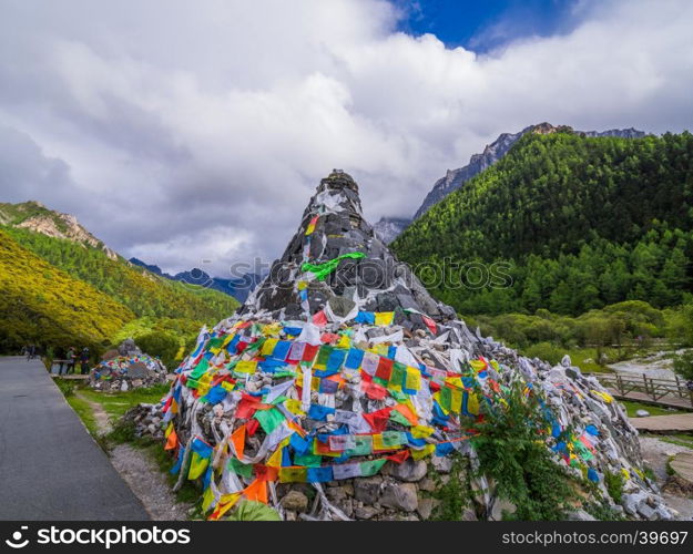 Prayer flags at the mountain in Yading, China.