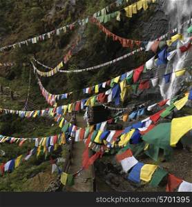 Prayer flags hanging at Taktsang Monastery, Paro Valley, Paro District, Bhutan