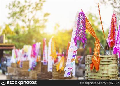 Prayer flags tung Hang with umbrella or Northern traditional flag hang on sand pagoda in the Phan Tao temple for Songkran Festival is celebrated in a traditional New Year&rsquo;s Day in Chiang Mai,Thailand