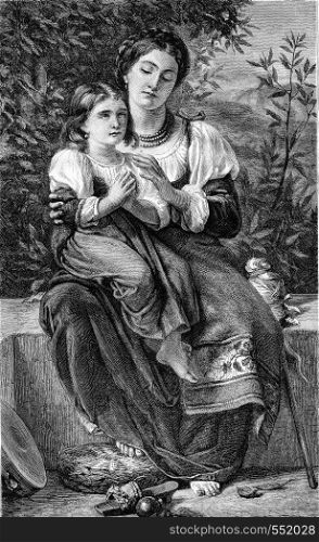 Prayer, painting Mr Alfred de Curzon, vintage engraved illustration. Magasin Pittoresque 1867.