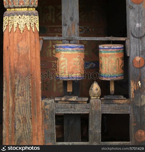 Prayer wheels at Jambay Lhakhang, Chokhor Valley, Bumthang District, Bhutan