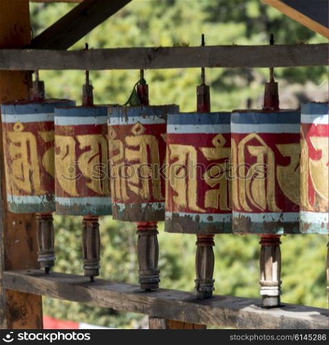 Prayer wheels at the Taktsang Monastery, Paro, Paro District, Paro Valley, Bhutan