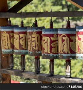 Prayer wheels at the Taktsang Monastery, Paro, Paro District, Paro Valley, Bhutan