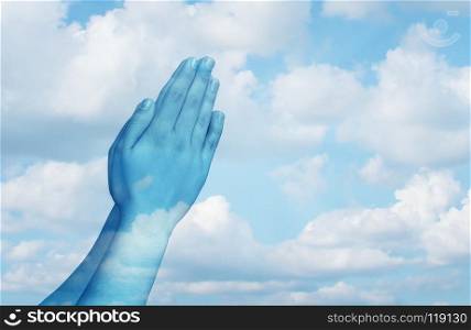 Praying and spiritual life concept as hands in worship on a sky background as a symbol for belief and spirituality in religion.