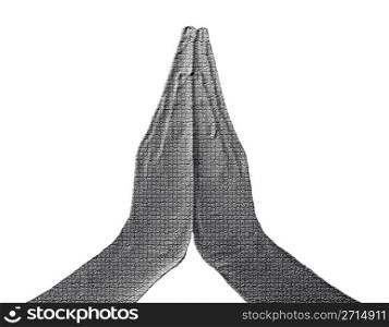 Praying Hands (Front View) on White - Silver / Metalic hand gesture artwork.