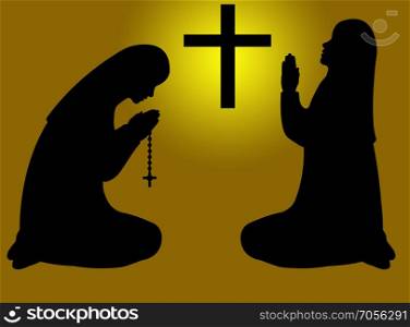 Praying nuns silhouette with brown in background