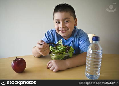 Pre-teen (10-12) boy sitting at desk and eating salad