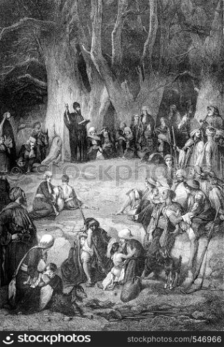 Preaching a Maronite under the cedars of Lebanon, by Bida, vintage engraved illustration. Magasin Pittoresque 1861.