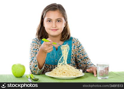 Precious girl eating spaghetti on a white background