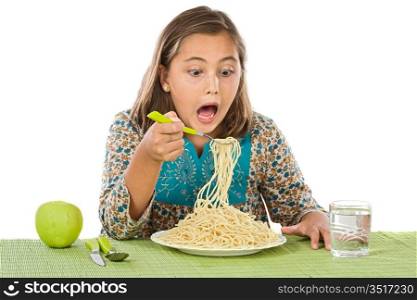 Precious girl eating spaghetti on a white background