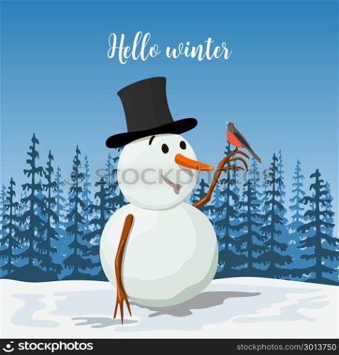 Precious Snowman in a hat. Smiling Frosty with a bullfinch bird. Sunny landscape with silhouette of forest. Vector illustration. Precious Snowman in a hat. Smiling Frosty with a bullfinch bird. Sunny landscape with silhouette of forest. Sky, wood, trees, firs. Vector illustration. Shadows. Vector illustration. For print, poster