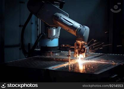 precision welding robot at work, performing delicate welds on metal structures, created with generative ai. precision welding robot at work, performing delicate welds on metal structures