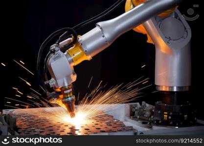 precision welding robot working on complex structure, with intricate details visible, created with generative ai. precision welding robot working on complex structure, with intricate details visible