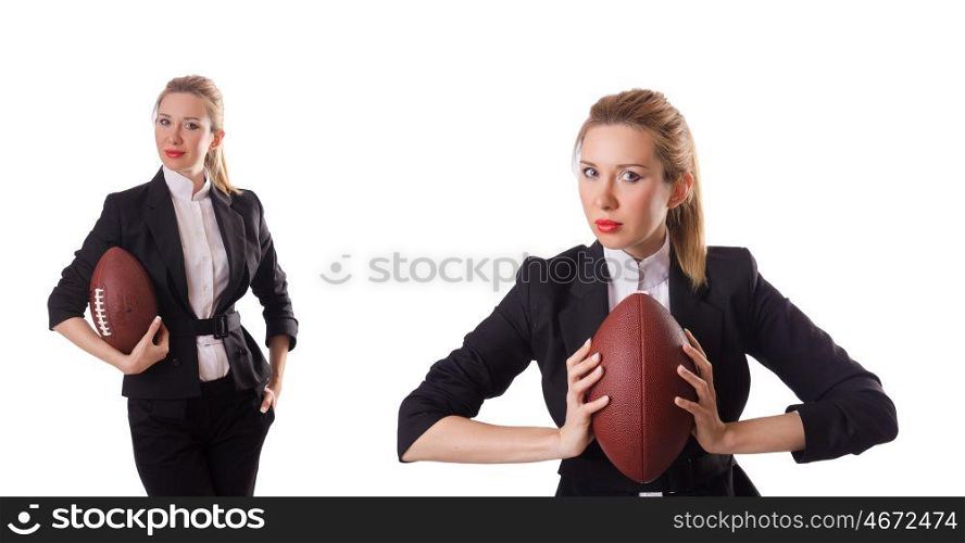 Preety office employee with rugby ball isolated on white