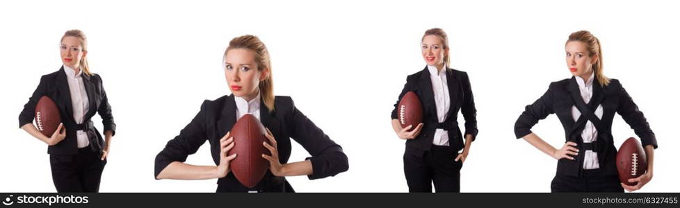 Preety office employee with rugby ball isolated on white