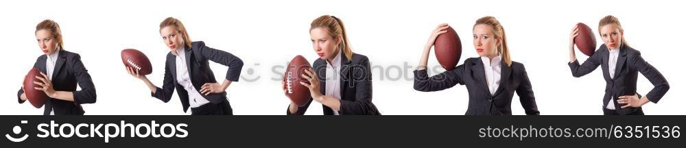 Preety office employee with rugby ball isolated on white