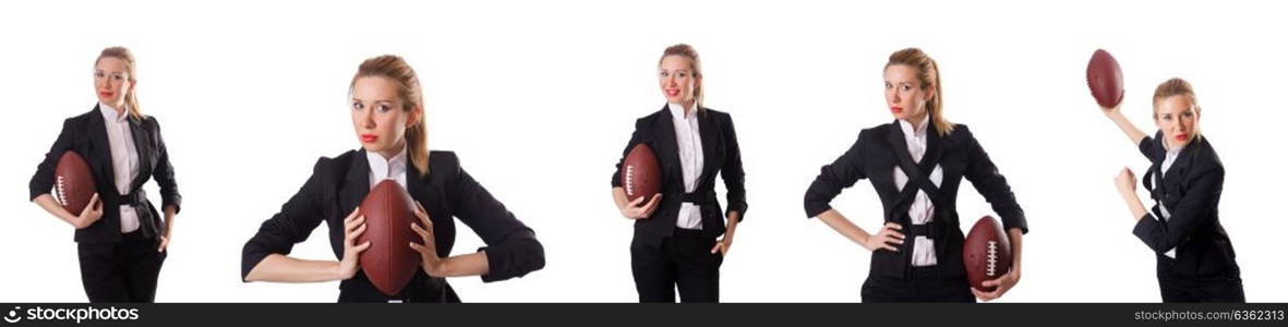 Preety office employee with rugby ball isolated on white