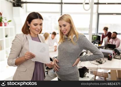 pregnancy and people concept - happy business team with papers in office. happy business team with papers in office