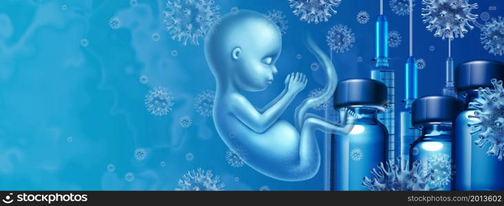 Pregnancy and vaccines as medicine given to prenatal pregnant future mother before childbirh and the issues of vaccination and the fetus medical concept with 3D illustration elements.