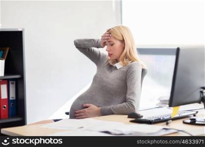 pregnancy, business, stress, gestosis and people concept - pregnant businesswoman feeling sick at office work