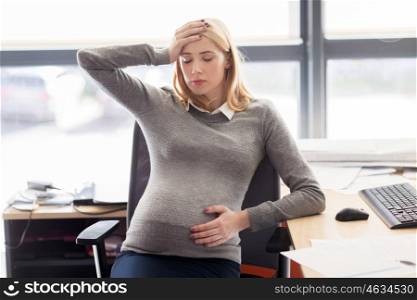 pregnancy, business, stress, gestosis and work concept - pregnant businesswoman feeling sick at office work