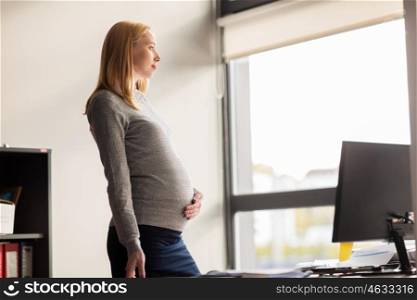 pregnancy, business, work and people concept - pregnant businesswoman looking through window at office