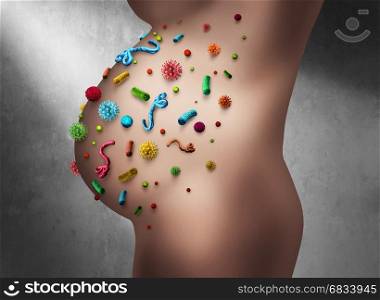 Pregnancy disease as a pregnant woman pregnant with a fetus in danger with a group of virus disease and bacteria cells as a medical ostetrics and gynecology risk concept with 3D illustration elements.