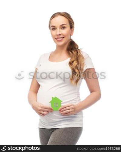 pregnancy, ecology, people and housing concept - happy pregnant woman with green house over white background. happy pregnant woman with green house