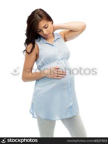 pregnancy, health, people and expectation concept - pregnant woman in bed touching her back and suffering from neck ache over white background