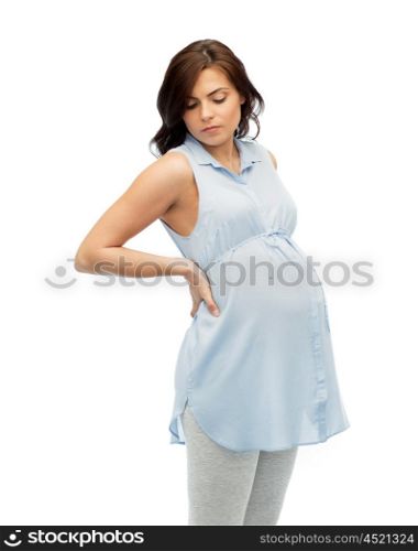 pregnancy, health, people and expectation concept - pregnant woman in bed touching her back and suffering from backache over white background