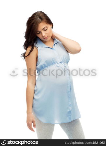 pregnancy, health, people and expectation concept - pregnant woman in bed touching her back and suffering from neckache over white background